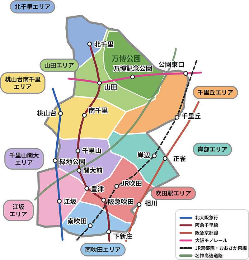 吹田市内のエリアマップ