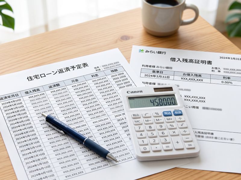 住宅ローンの残債と返済計画を確認する書類と電卓