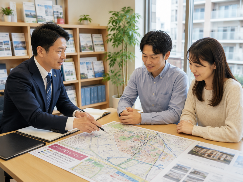 吹田市の地図を前に地域の住み替え先を案内する地元担当スタッフ