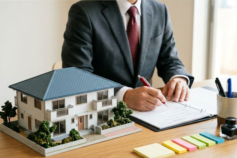不動産営業 of theデスクに置かれた住宅模型と契約書類